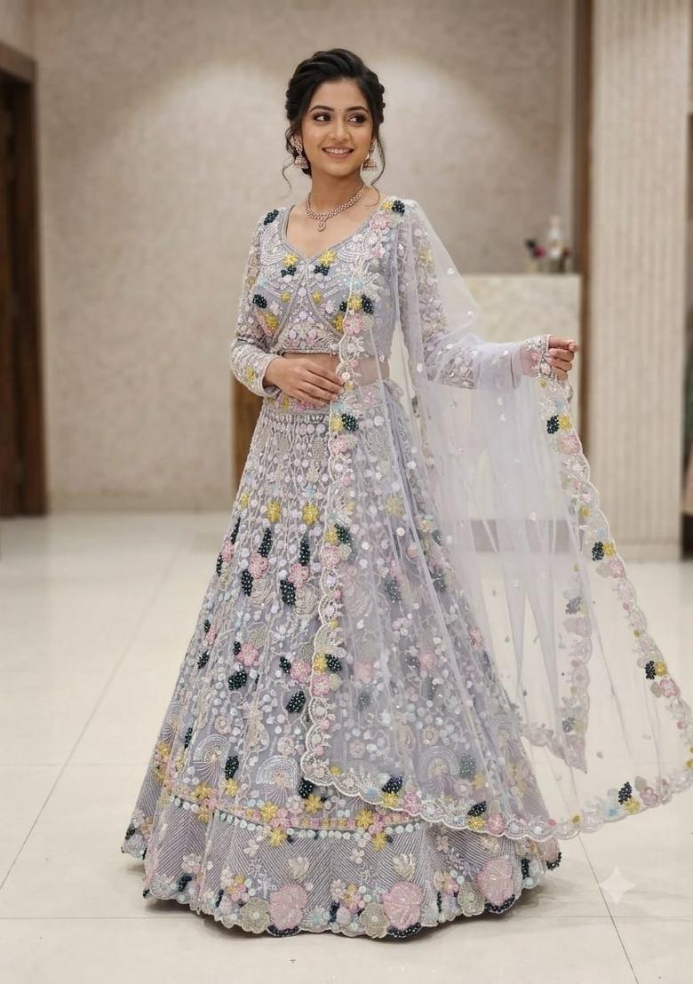 White Embroidered Net Lehenga Set - Indya