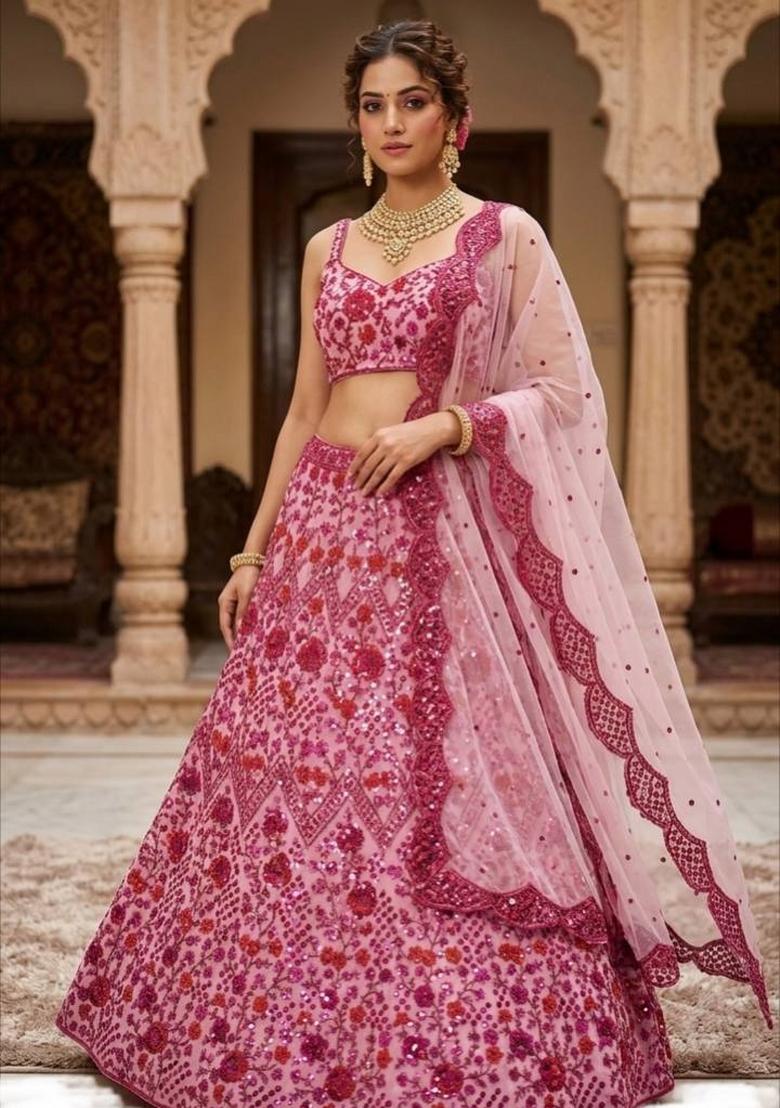 Pink Embroidered Net Lehenga Set - Indya