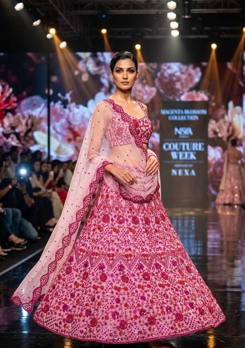 Pink Net Lehenga Set with Embroidered for Diwali | Wedding & Festive Wear - Indya
