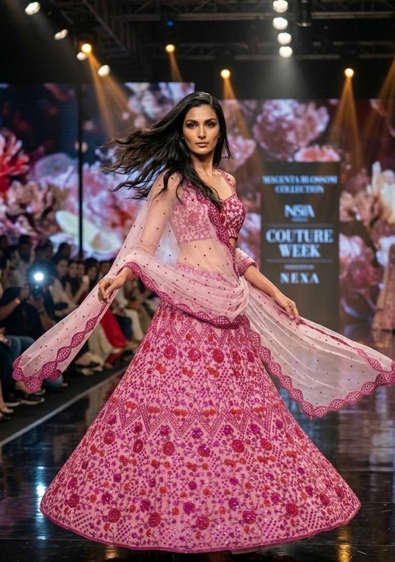 Pink Embroidered Net Lehenga Set - Indya