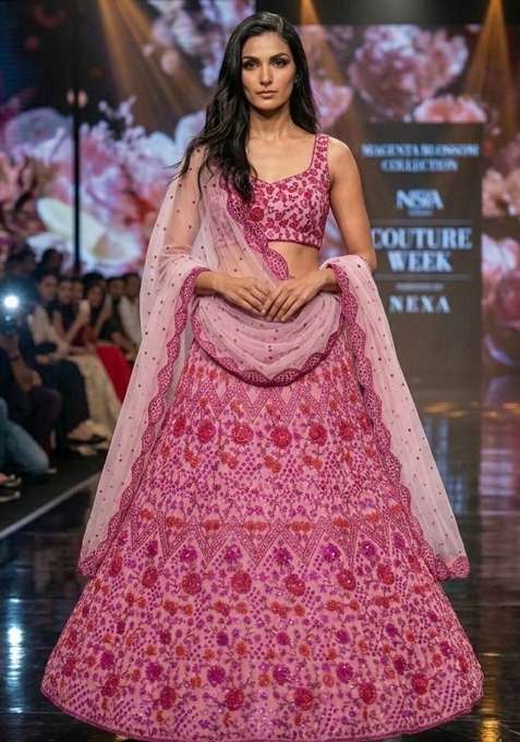 Pink Net Lehenga Set with Embroidered for Diwali | Wedding & Festive Wear