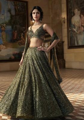 Mehendi Embroidered Silk Lehenga Set