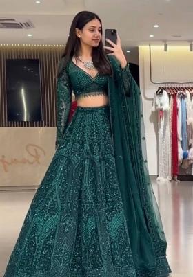 Green Embroidered Net Lehenga Set