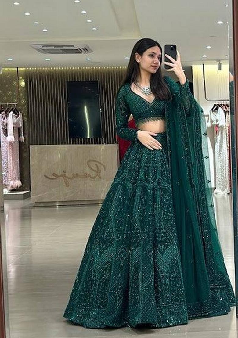 Green Embroidered Net Lehenga Set - Indya