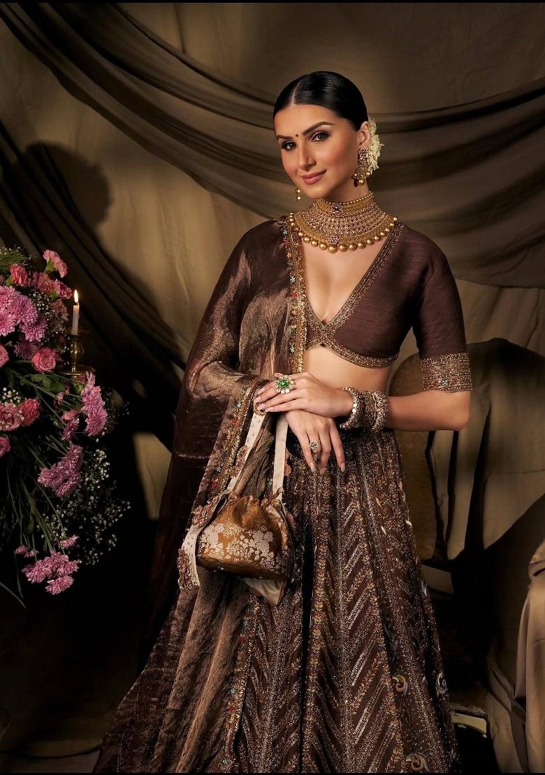 Brown Embroidered Silk Lehenga Set - Indya