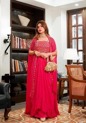 Red Embroidered Georgette Lehenga Set