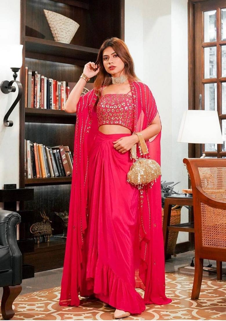 Red Embroidered Georgette Lehenga Set - Indya