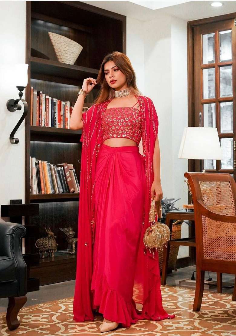Red Embroidered Georgette Lehenga Set for Diwali and Festive Wear - Indya