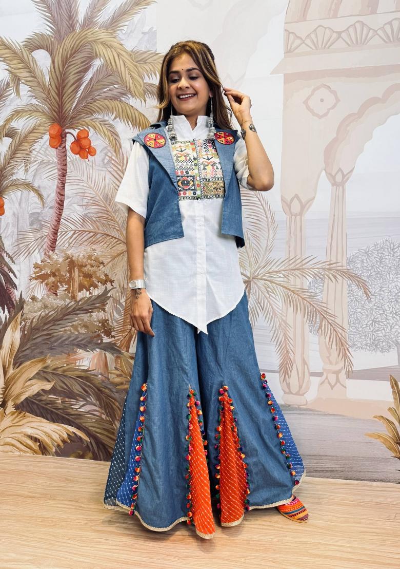 White Embroidered Cotton Lehenga Set - Indya