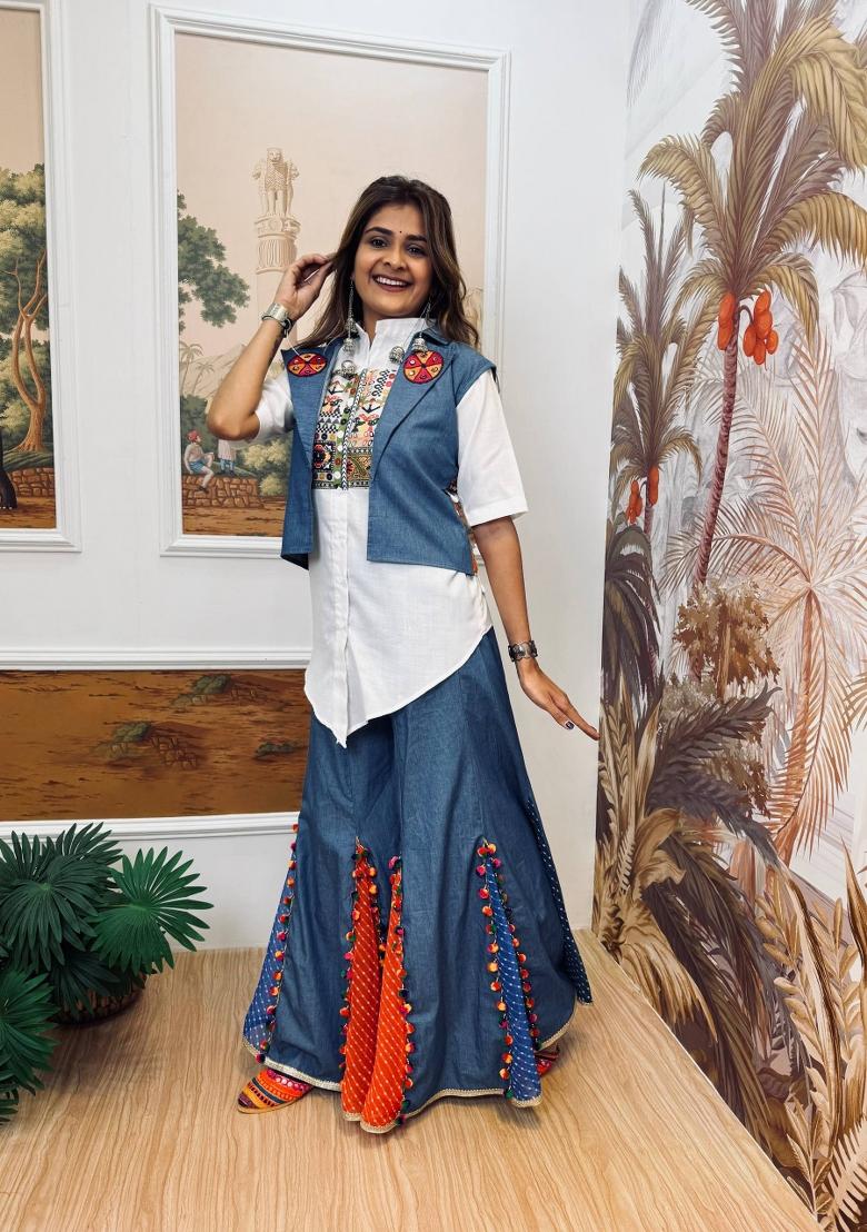 White Embroidered Cotton Lehenga Set - Indya