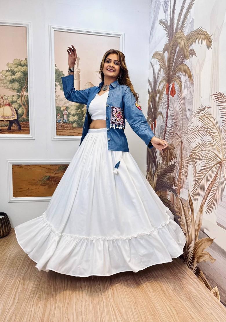White Embroidered Cotton Lehenga Set - Indya
