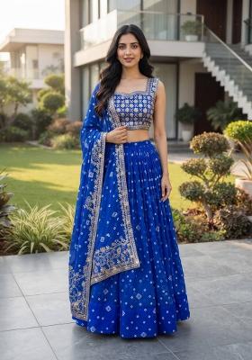 Blue Embroidered Georgette Lehenga Set