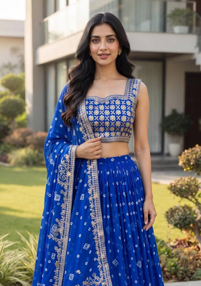 Blue Embroidered Georgette Lehenga Set - Indya