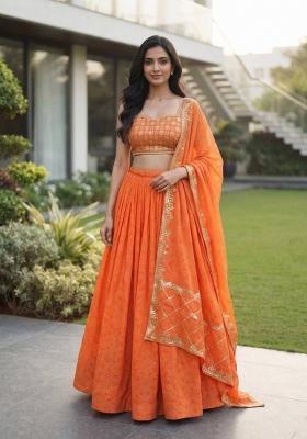 Orange Embroidered Georgette Lehenga Set