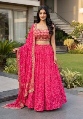 Pink Embroidered Georgette Lehenga Set