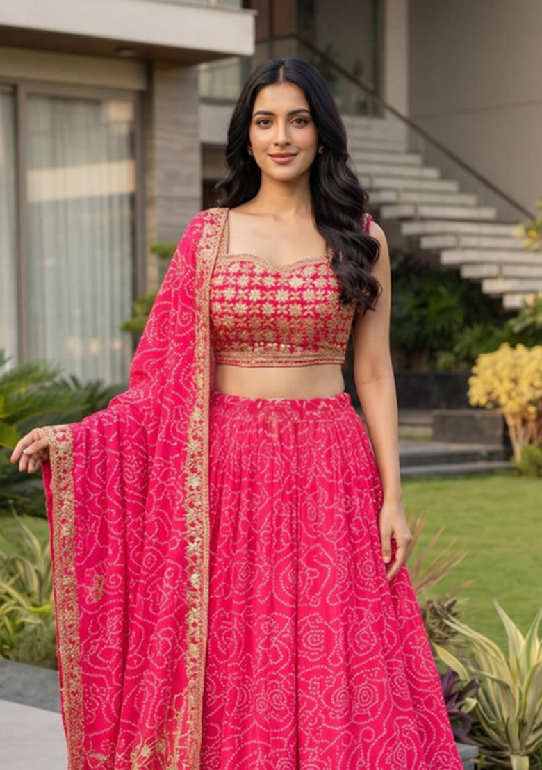 Pink Embroidered Georgette Lehenga Set - Indya
