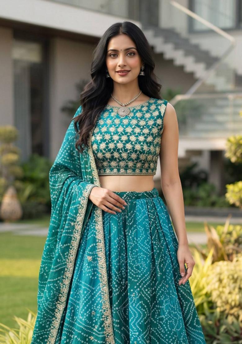 Sky Blue Embroidered Georgette Lehenga Set - Indya