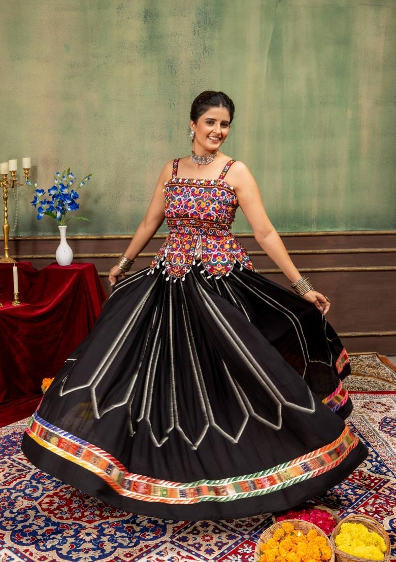 Black Embroidered Rayon Lehenga Set - Indya