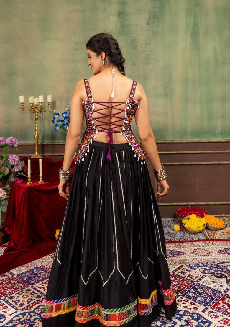 Black Embroidered Rayon Lehenga Set - Indya