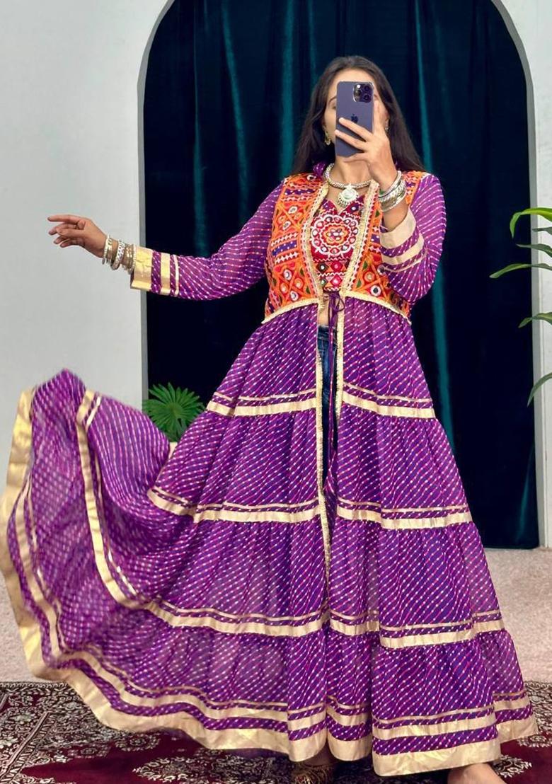 Purple Embroidered Georgette Lehenga Set - Indya