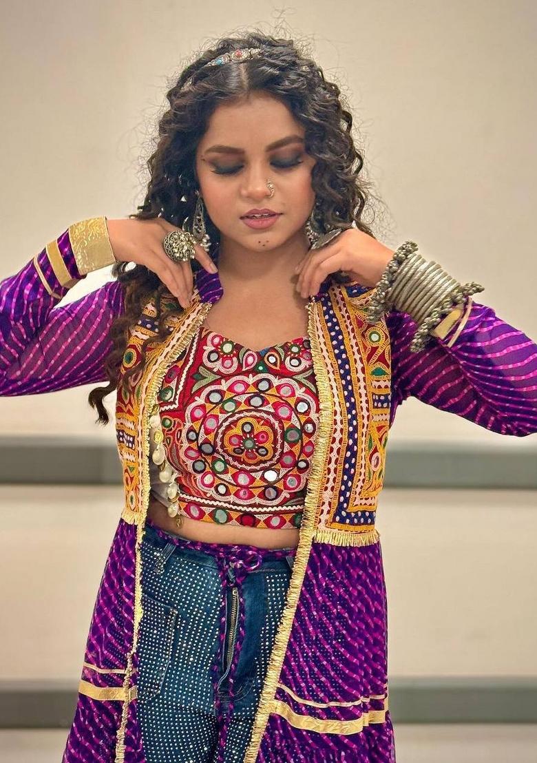 Purple Embroidered Georgette Lehenga Set - Indya