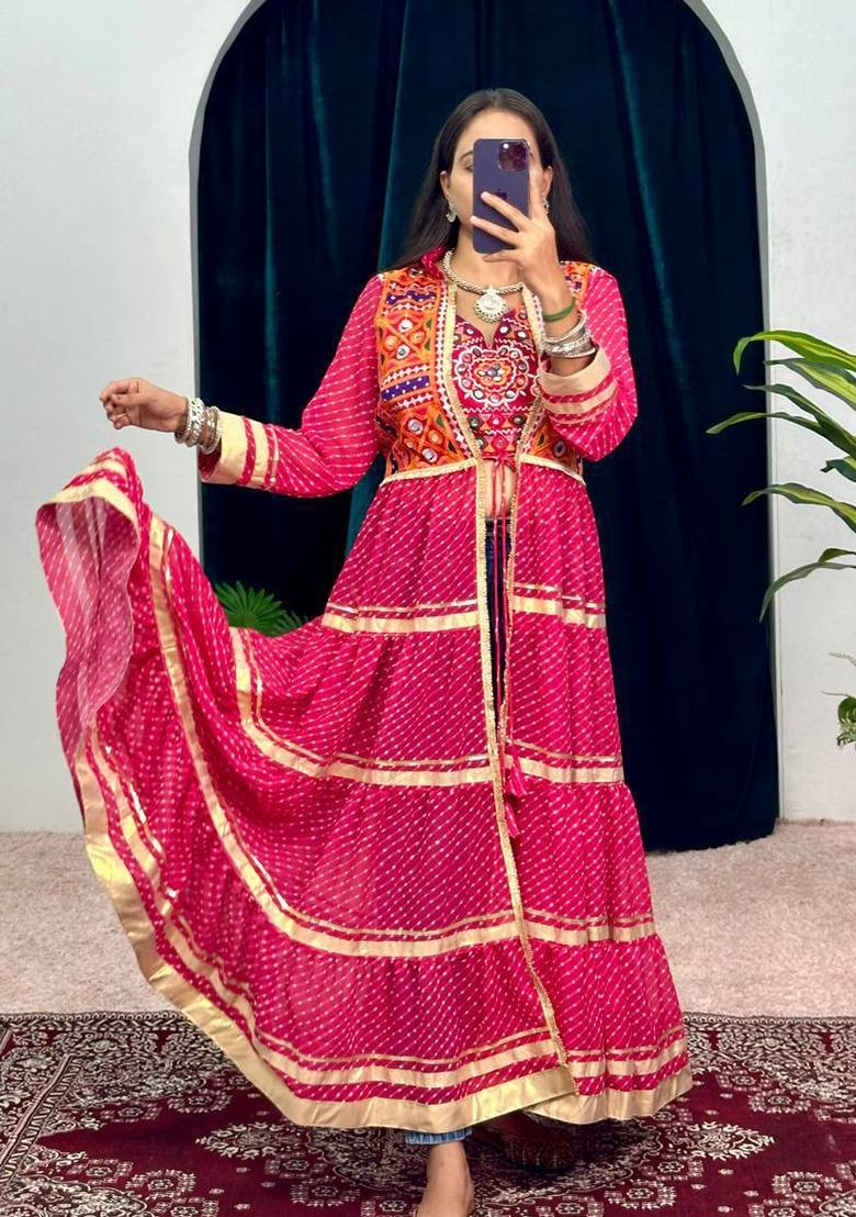 Red Embroidered Georgette Lehenga Set - Indya