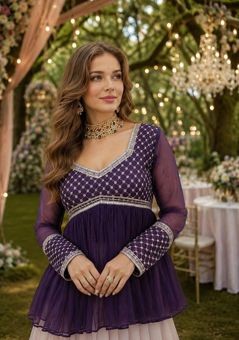 Violet Embroidered Silk Lehenga Choli - Indya