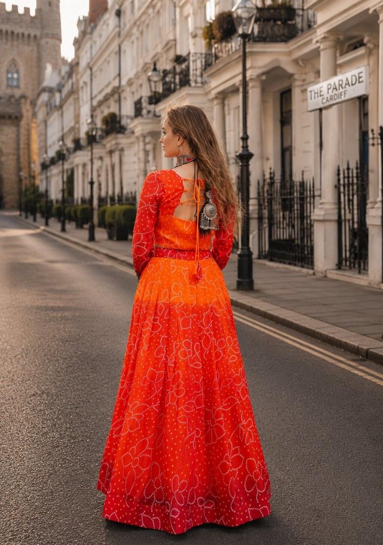 Orange Embroidered Georgette Lehenga Choli - Indya