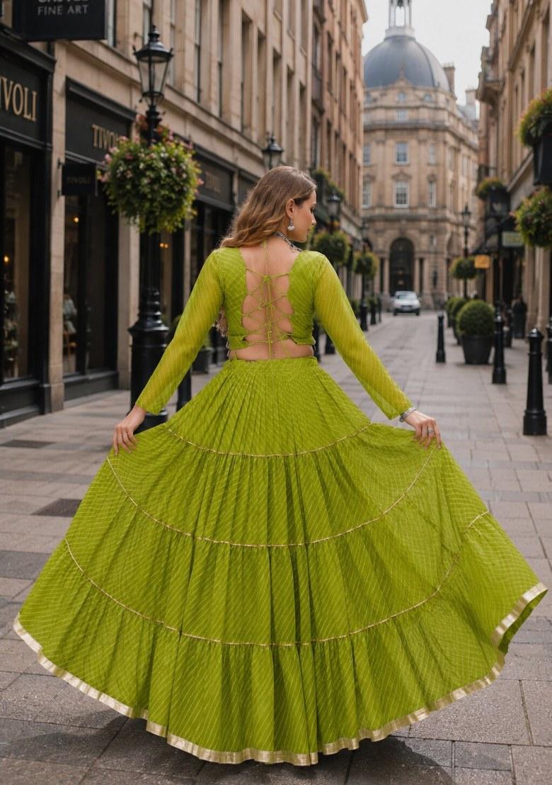 Green Embroidered Georgette Lehenga Choli - Indya