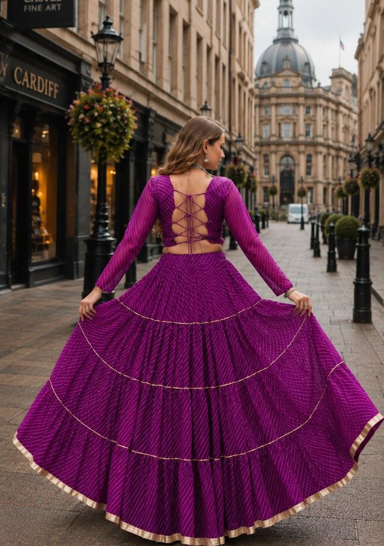 Purple Embroidered Georgette Lehenga Choli - Indya