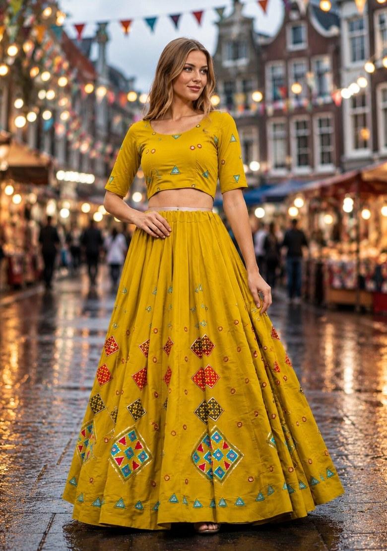 Yellow Embroidered Silk Lehenga Set - Indya