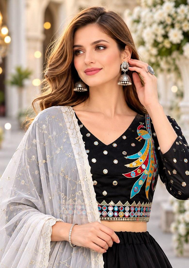 Black Embroidered Silk Lehenga Set - Indya