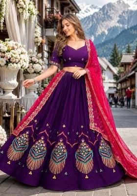 Violet Embroidered Silk Lehenga Set
