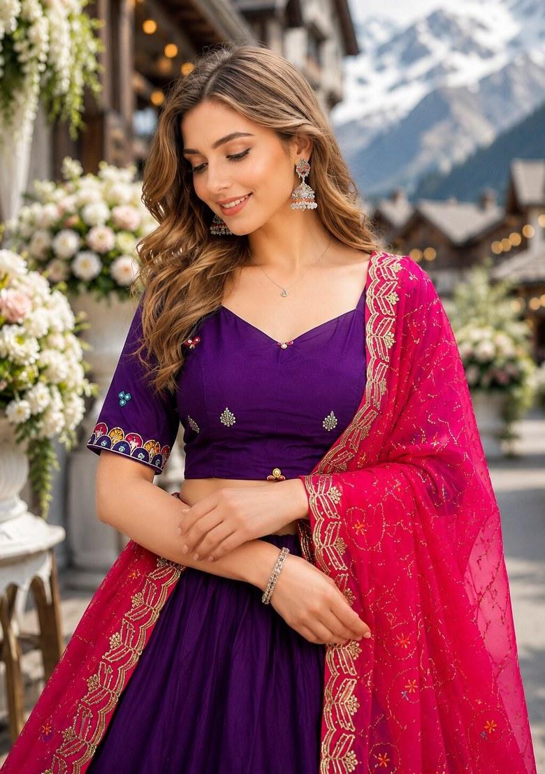 Violet Embroidered Silk Lehenga Set - Indya