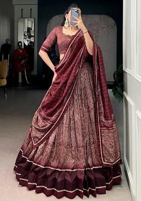 Maroon Lace Work Silk Lehenga Set