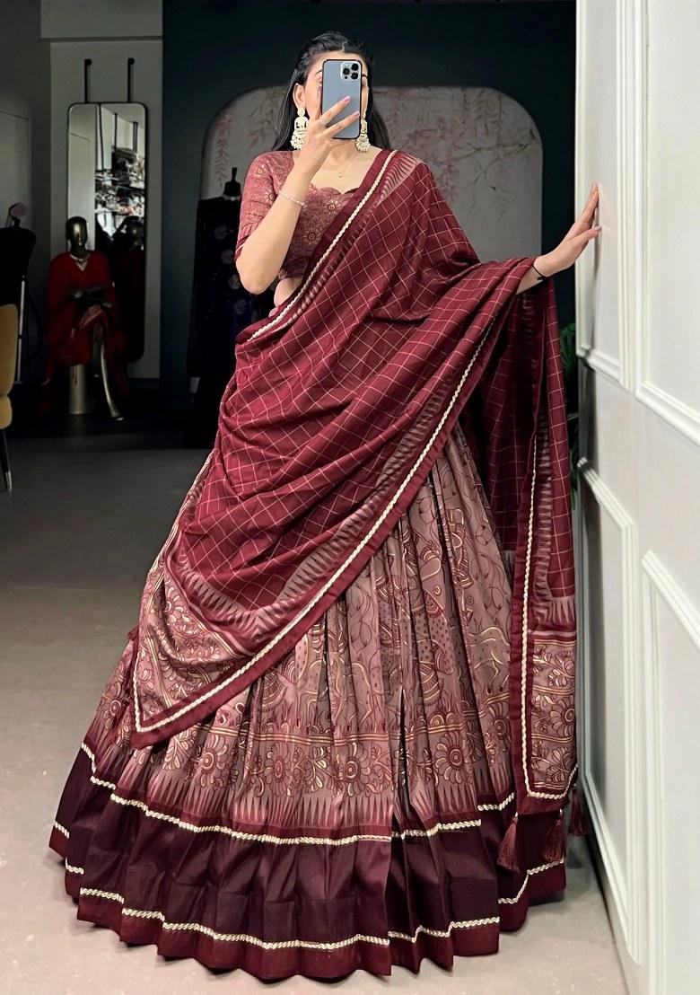 Maroon Lace Work Silk Lehenga Set - Indya