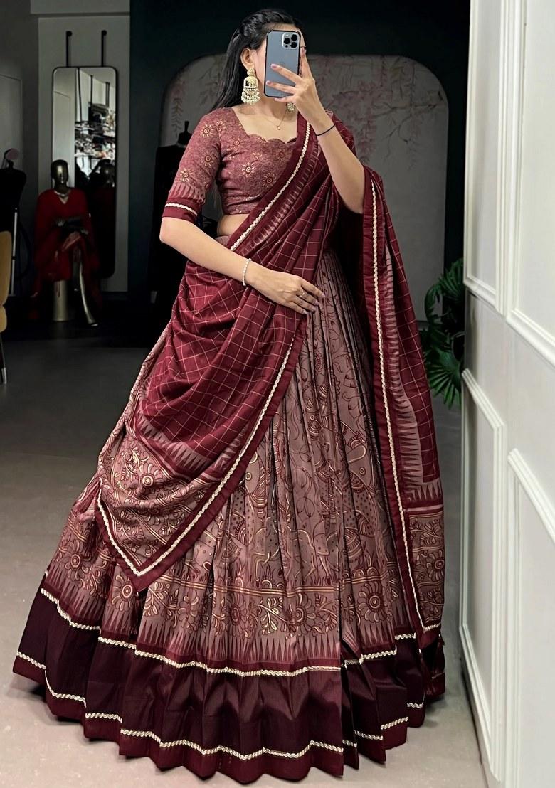 Maroon Lace Work Silk Lehenga Set - Indya