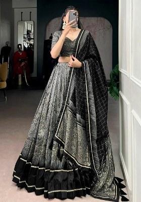 Grey Lace Work Silk Lehenga Set