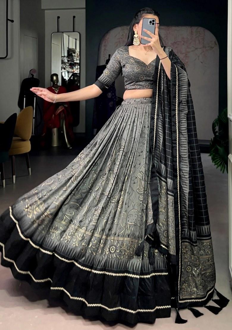 Grey Lace Work Silk Lehenga Set - Indya