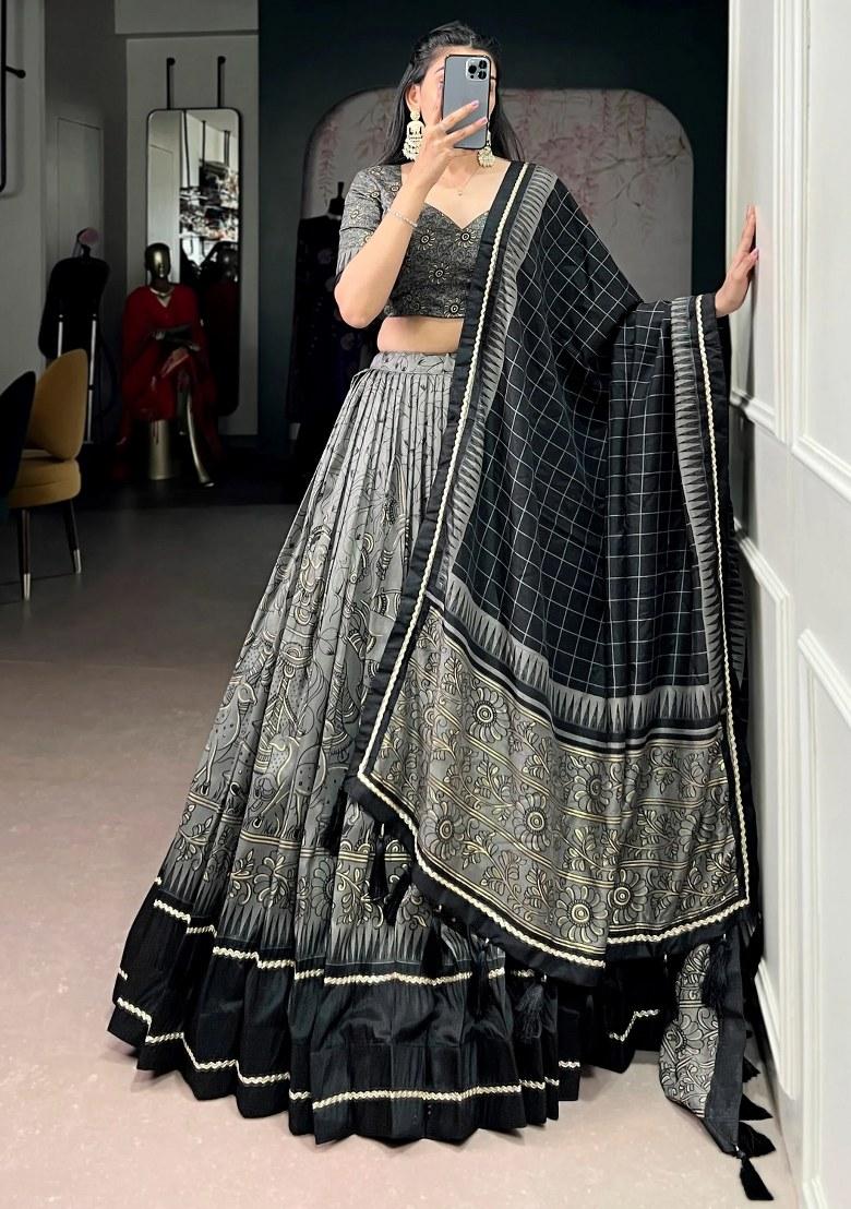 Grey Lace Work Silk Lehenga Set - Indya