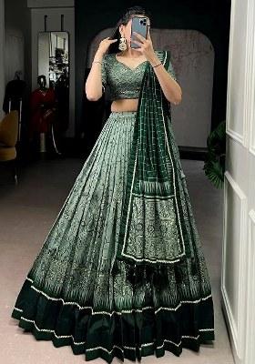 Green Lace Work Silk Lehenga Set