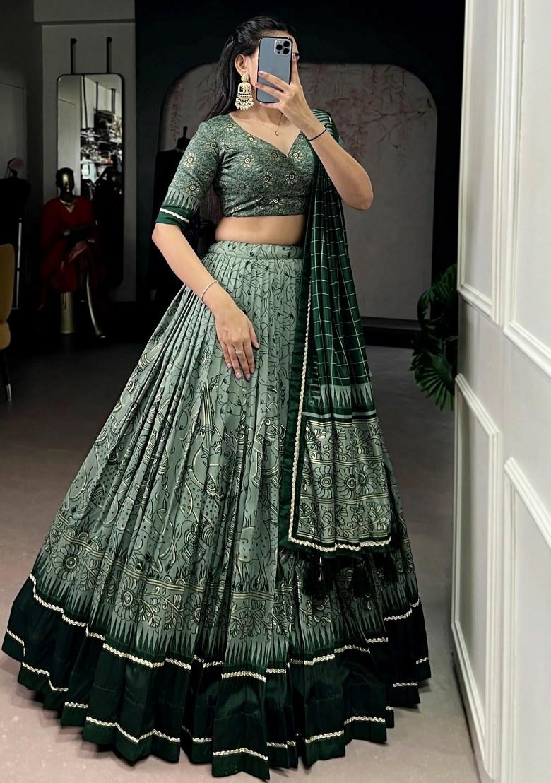 Green Lace Work Silk Lehenga Set - Indya