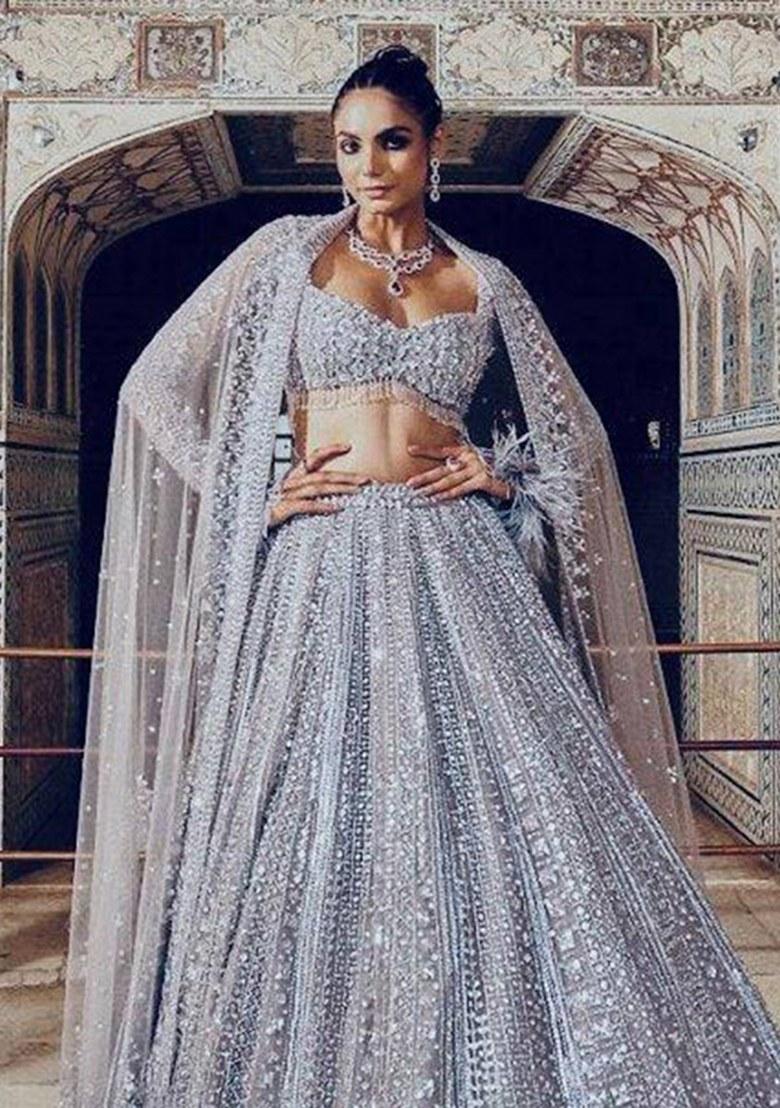 Grey Sequin Work Silk Lehenga Set - Indya