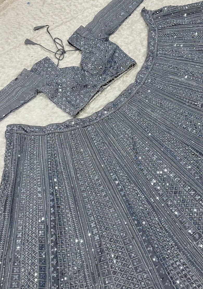 Grey Sequin Work Silk Lehenga Set - Indya