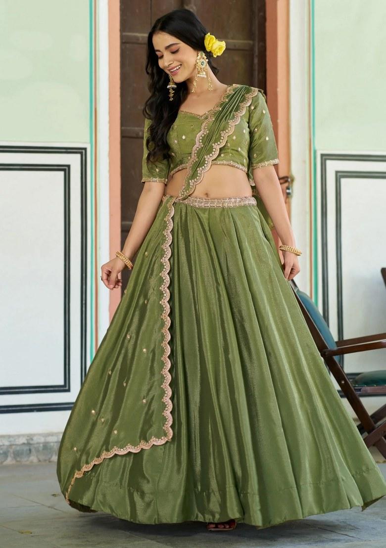 Green Embroidered Chinon Lehenga Set - Indya