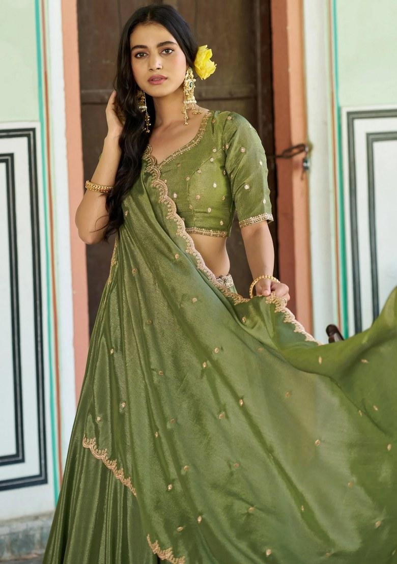 Green Embroidered Chinon Lehenga Set - Indya
