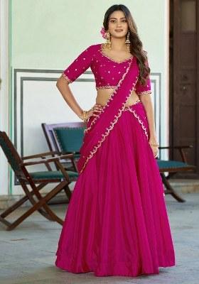 Pink Embroidered Chinon Lehenga Set