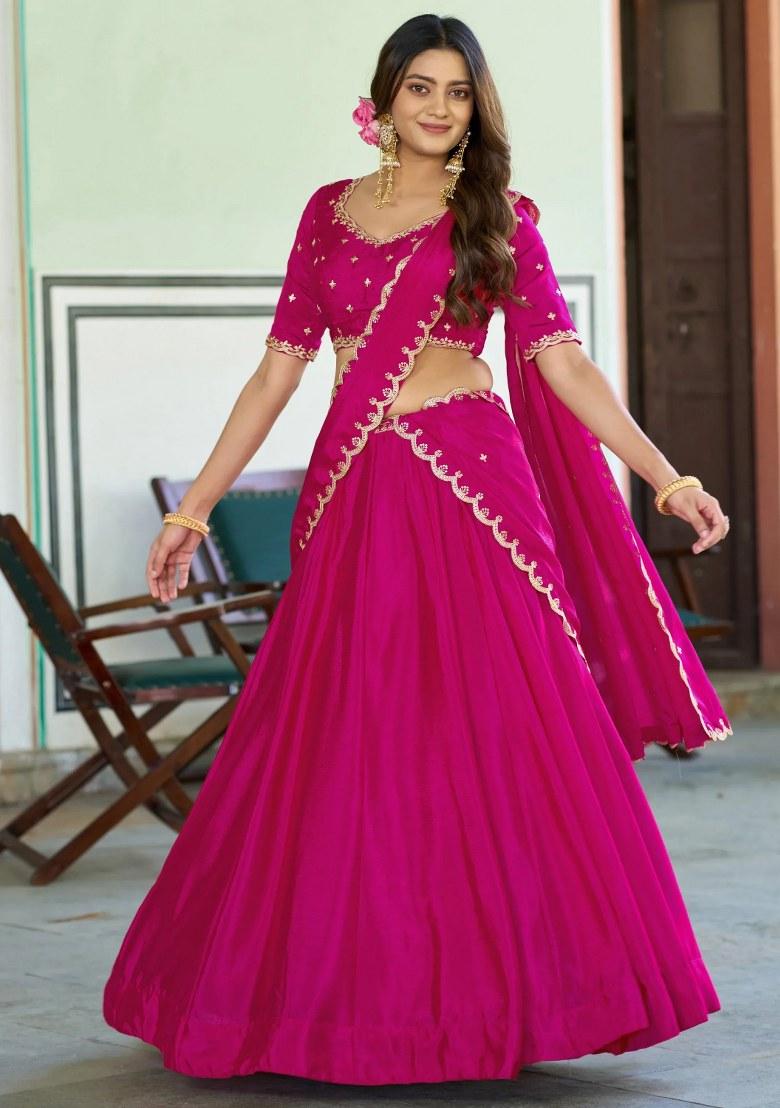 Pink Embroidered Chinon Lehenga Set - Indya