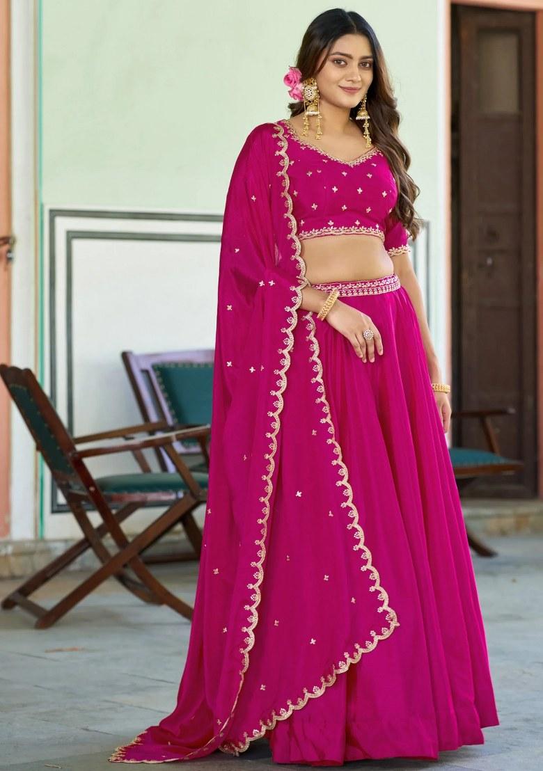 Pink Embroidered Chinon Lehenga Set - Indya