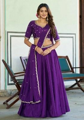 Purple Embroidered Chinon Lehenga Set